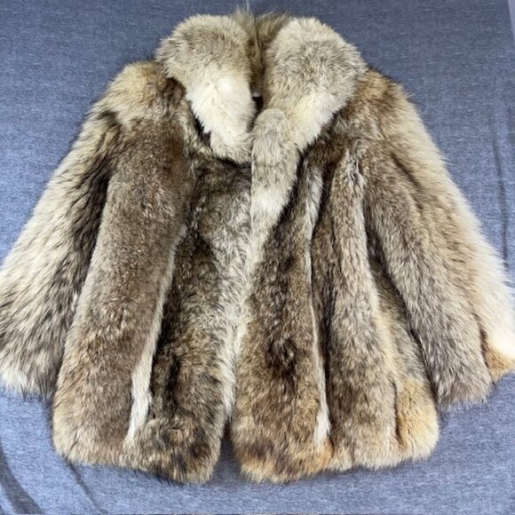 Vintage Real COYOTE FUR Coat Jacket Lined Size M 8 Leather Trim Hook Eye Canada - Picture 1 of 11